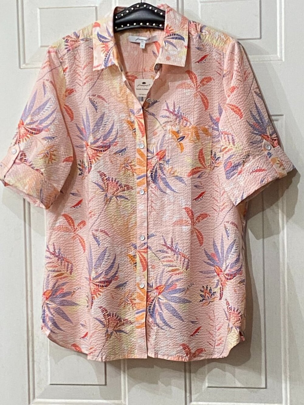 NWT Foxcroft Tamara Paradise Pink Sz 12 (L)  Seersucker Blouse Button-up Floral